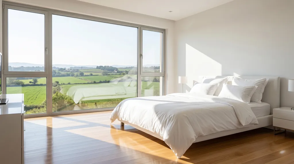 Servicio de limpieza a fondo y desinfección en Mollet del Vallès Dormitorio moderno impecablemente limpio con colchón desinfectado y vistas a Gallecs en Mollet del Vallès