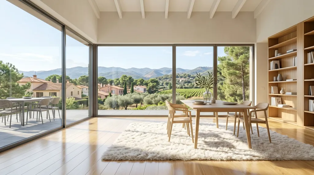 Comedor de una casa con cristales impecables y vistas a Rubí tras un servicio de limpieza profesional