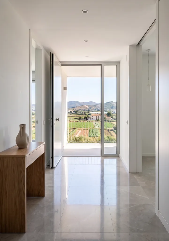 Pasillo de una casa moderna impecablemente limpia con suelos brillantes y vistas a la naturaleza en Sant Boi
