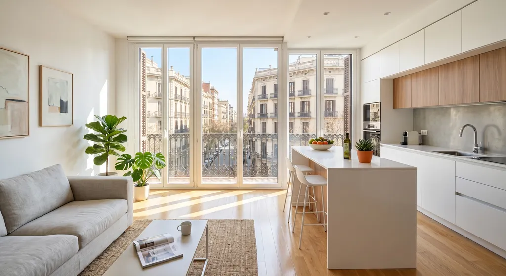 Salón y cocina americana impecables tras una limpieza profesional a fondo en un piso mediano en Barcelona