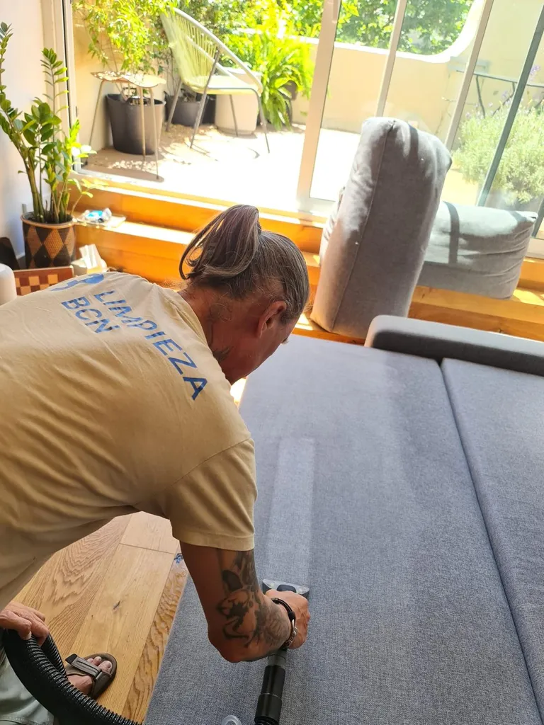 Técnico usando máquina profesional de inyección-extracción en un sofá de tela