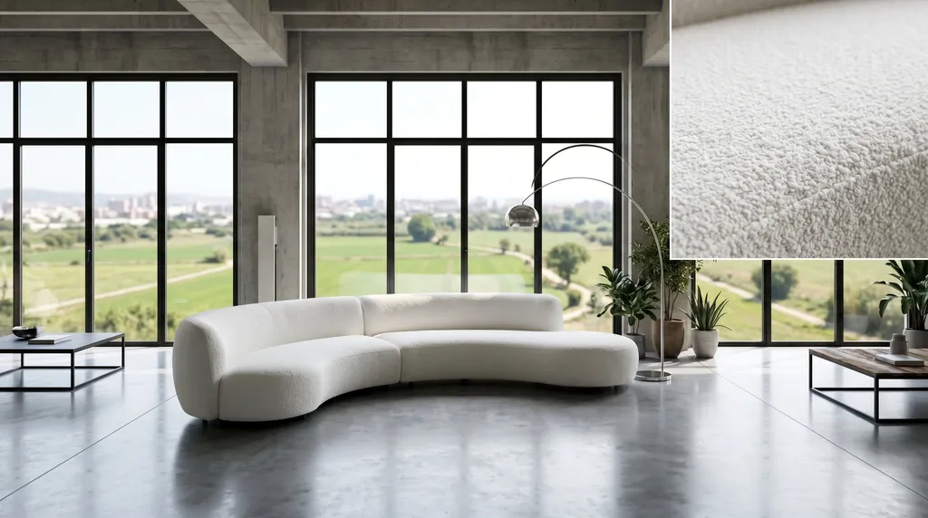 Sofá de diseño blanco impecablemente limpio en un loft moderno con vistas a Gallecs en Mollet del Vallès