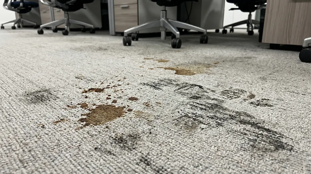 Moqueta de oficina manchada con cercos de café y pisadas antes de la limpieza