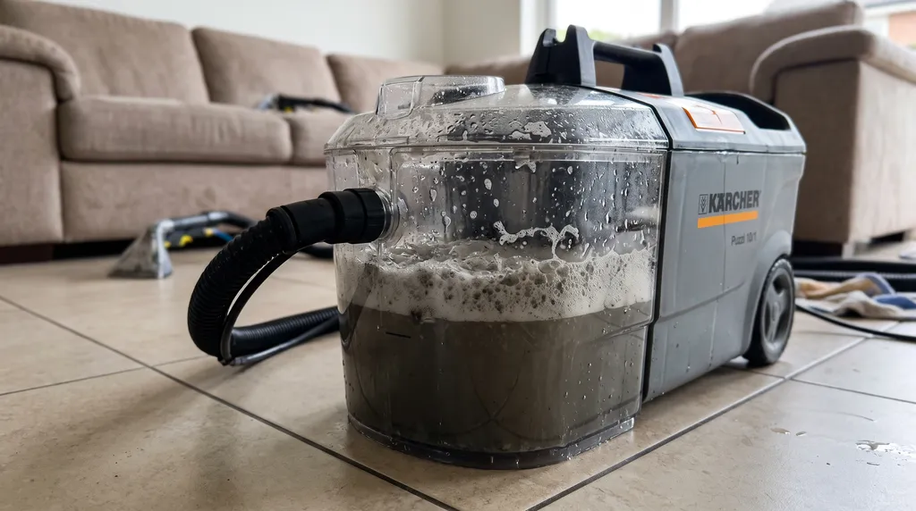 Agua sucia extraída de un sofá de tela | Limpieza BCN Depósito transparente de máquina de inyección y extracción lleno de agua negra y sucia tras limpiar un sofá de tela