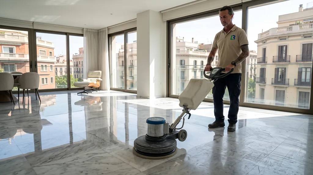 Proceso de cristalizado de suelos de mármol con maquinaria rotativa en Barcelona