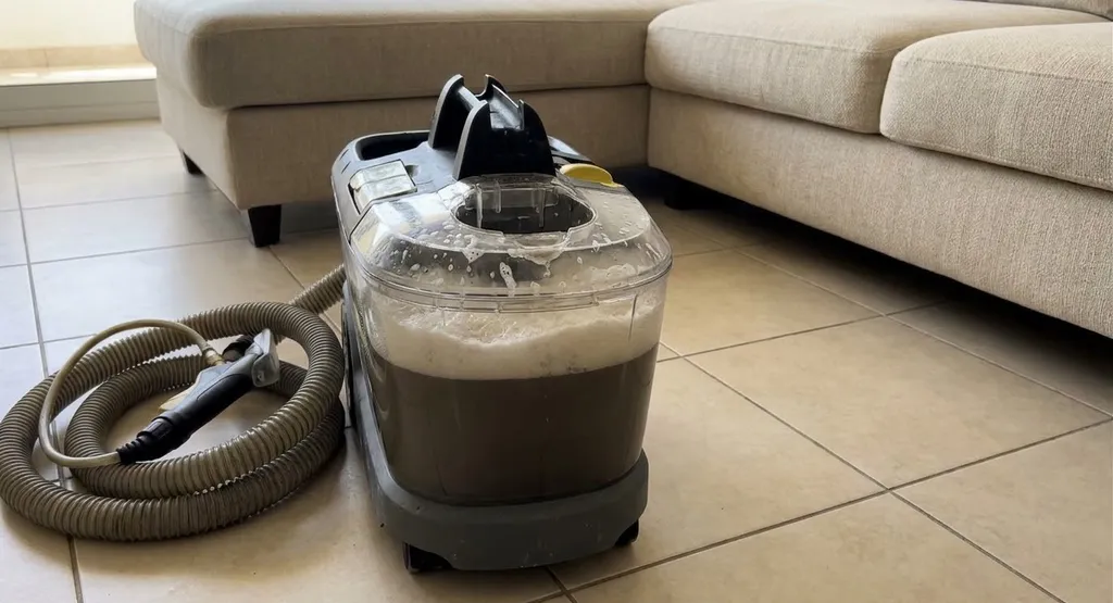 Agua sucia extraída de la tapicería del sofá | Limpieza BCN Depósito con agua negra extraída tras limpiar la grasa del sillón de tela fijada