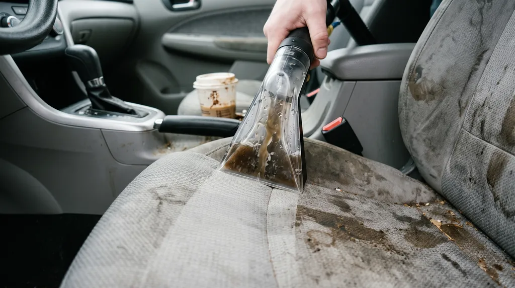Limpieza interior de coche profesional sin cercos | Limpieza BCN Proceso de limpieza profunda de la tapicería de un coche con máquina de inyección-extracción profesional
