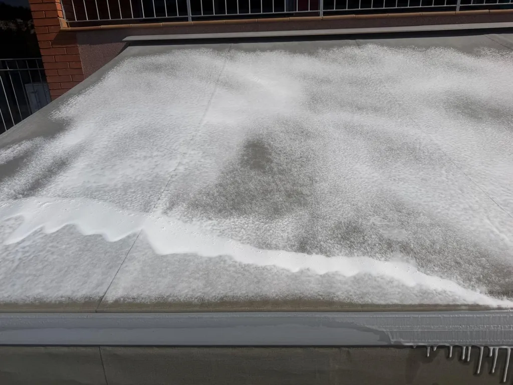 Proceso de limpieza de toldo con espuma activa | Limpieza BCN Vista superior de un toldo de lona durante el lavado profesional a domicilio, cubierto de agua y espuma activa