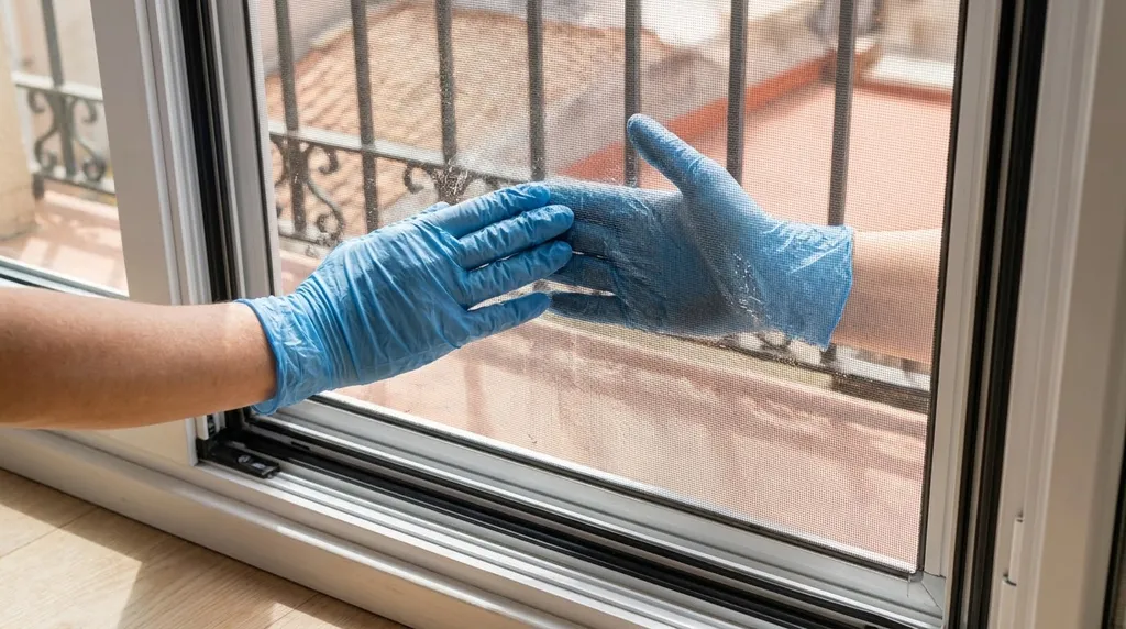 Limpieza húmeda de mosquiteras sin desmontar | Limpieza BCN Cómo limpiar las mosquiteras sin quitarlas usando el truco del guante de microfibra en forma de sándwich
