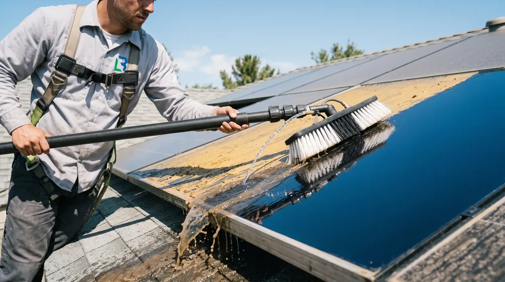 Operario limpiando placas solares con pértiga de agua desmineralizada