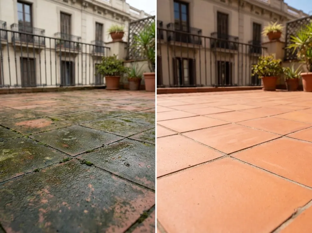Antes y después de limpiar el verdín del suelo de una terraza con baldosas de toba catalana en Barcelona
