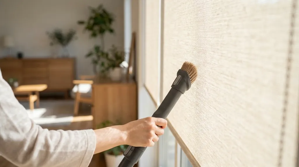 Mantenimiento preventivo aspirando el polvo de un estor de tejido Screen con cepillo suave