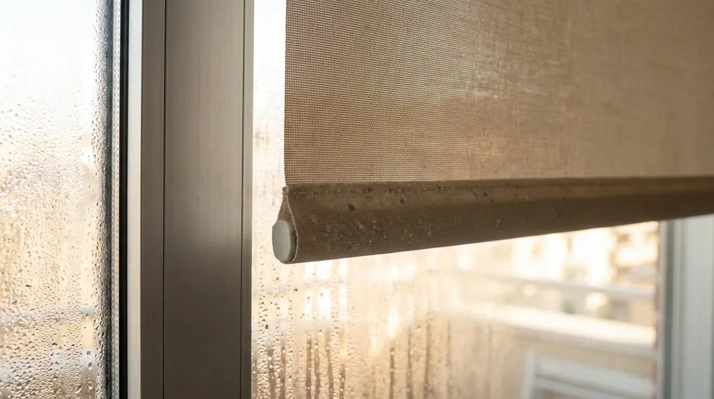Condensación de agua en ventanas de aluminio y manchas de moho en la parte inferior de un estor en Barcelona