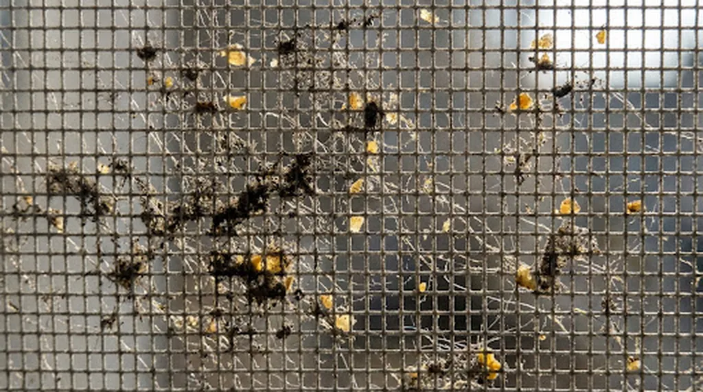 Acumulación de suciedad y polen en mosquiteras | Limpieza BCN Detalle macro de una mosquitera tupida de polvo grisáceo y polen amarillo en Barcelona