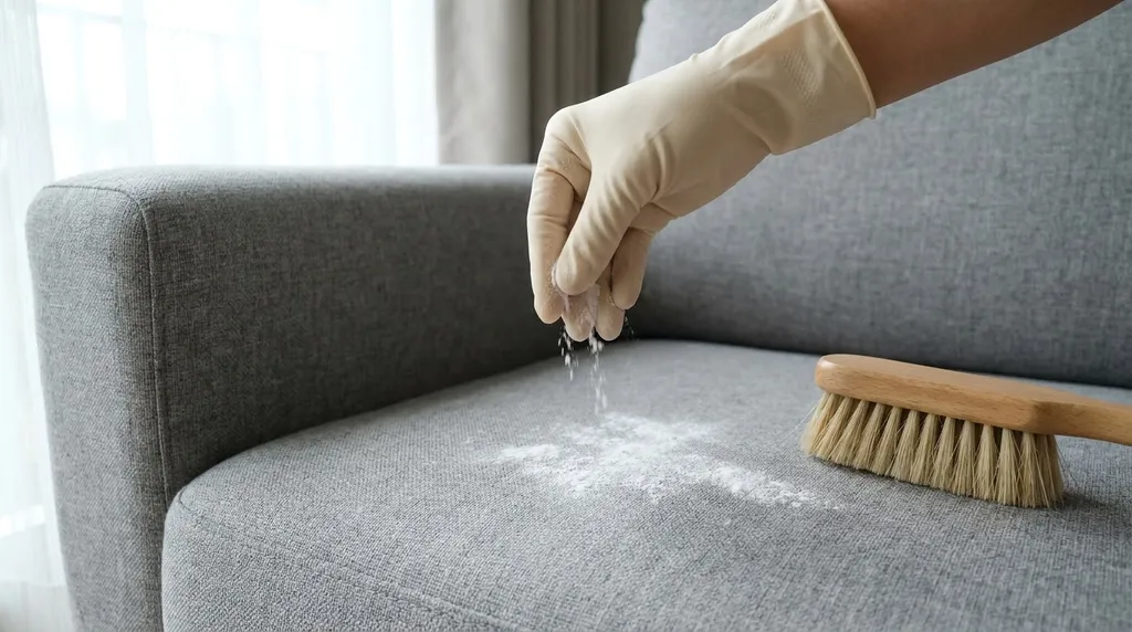 Persona aplicando bicarbonato de sodio en seco sobre un sofá de tela para absorber la humedad y neutralizar malos olores