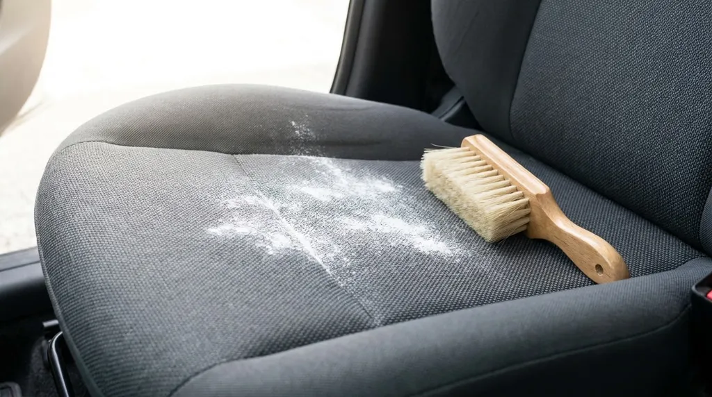 Aplicación de bicarbonato de sodio en seco sobre el asiento de tela del coche para absorber la humedad y eliminar olores