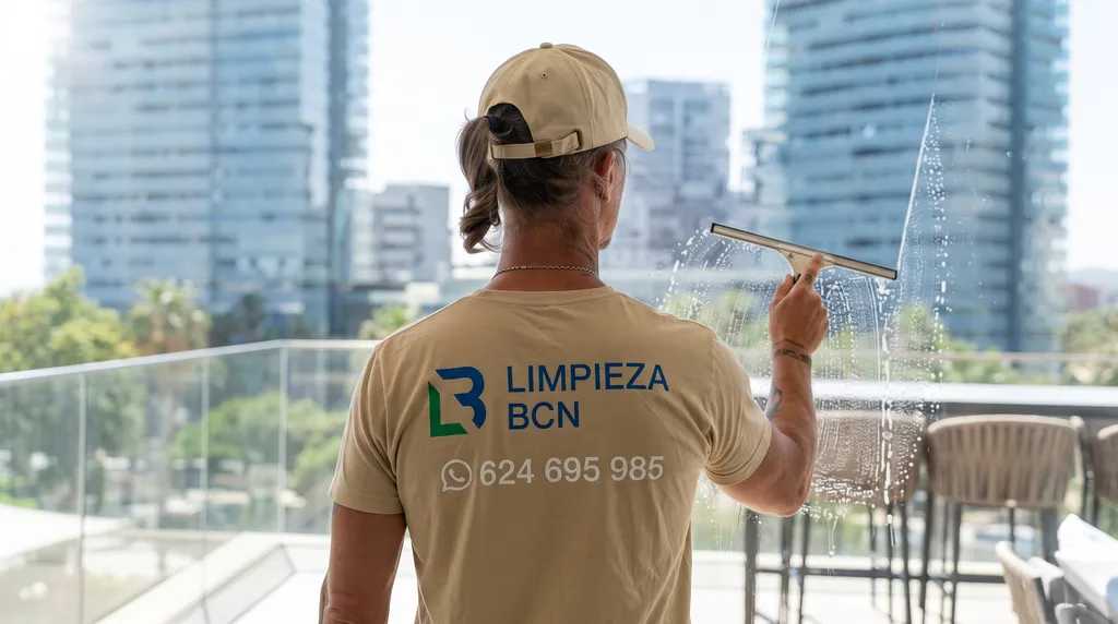 Técnico de Limpieza BCN limpiando cristales fijos en la terraza de un ático en Barcelona con rasqueta profesional