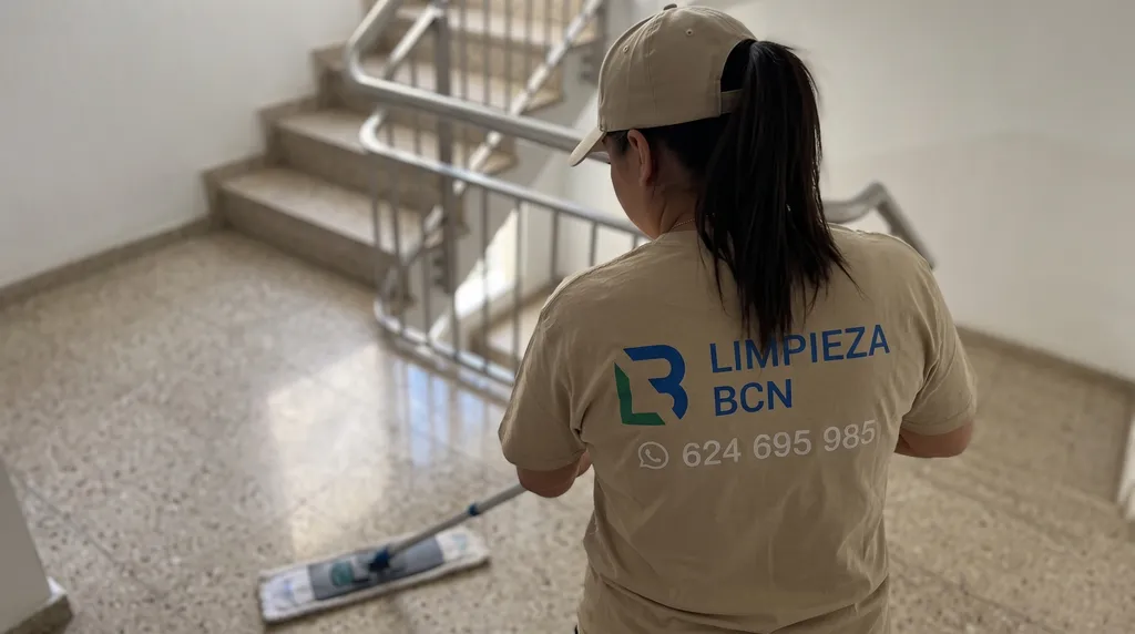 Técnica de Limpieza BCN realizando la limpieza de escaleras de vecinos con mopa plana en Barcelona