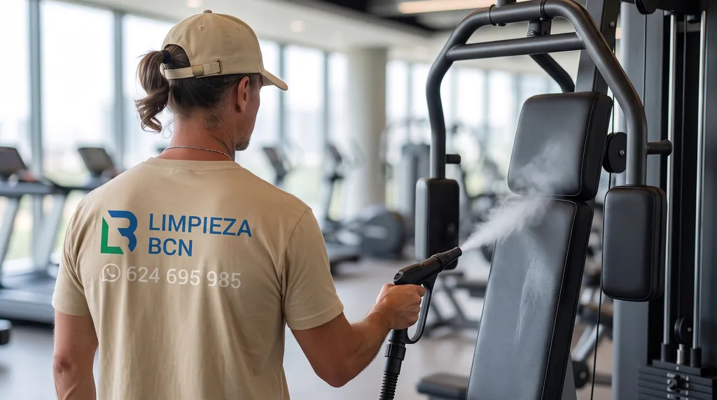 Desinfección de gimnasios con vapor seco | Limpieza BCN Técnico de Limpieza BCN aplicando vapor seco para desinfectar las máquinas de un gimnasio