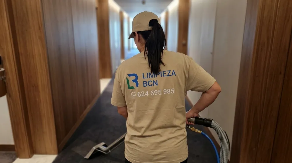 Limpieza de moquetas de hoteles | Limpieza BCN Técnica de Limpieza BCN realizando la limpieza de moquetas con vaporeta de inyección-extracción en un hotel