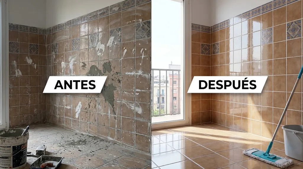 Comparativa de antes y después de limpiar azulejos con restos de cemento y yeso tras una obra