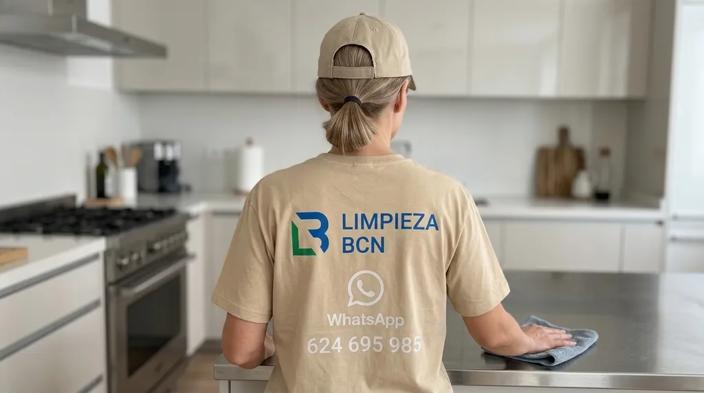 Especialista de Limpieza BCN desengrasando y adecuando la cocina de una vivienda antes de la visita de compradores